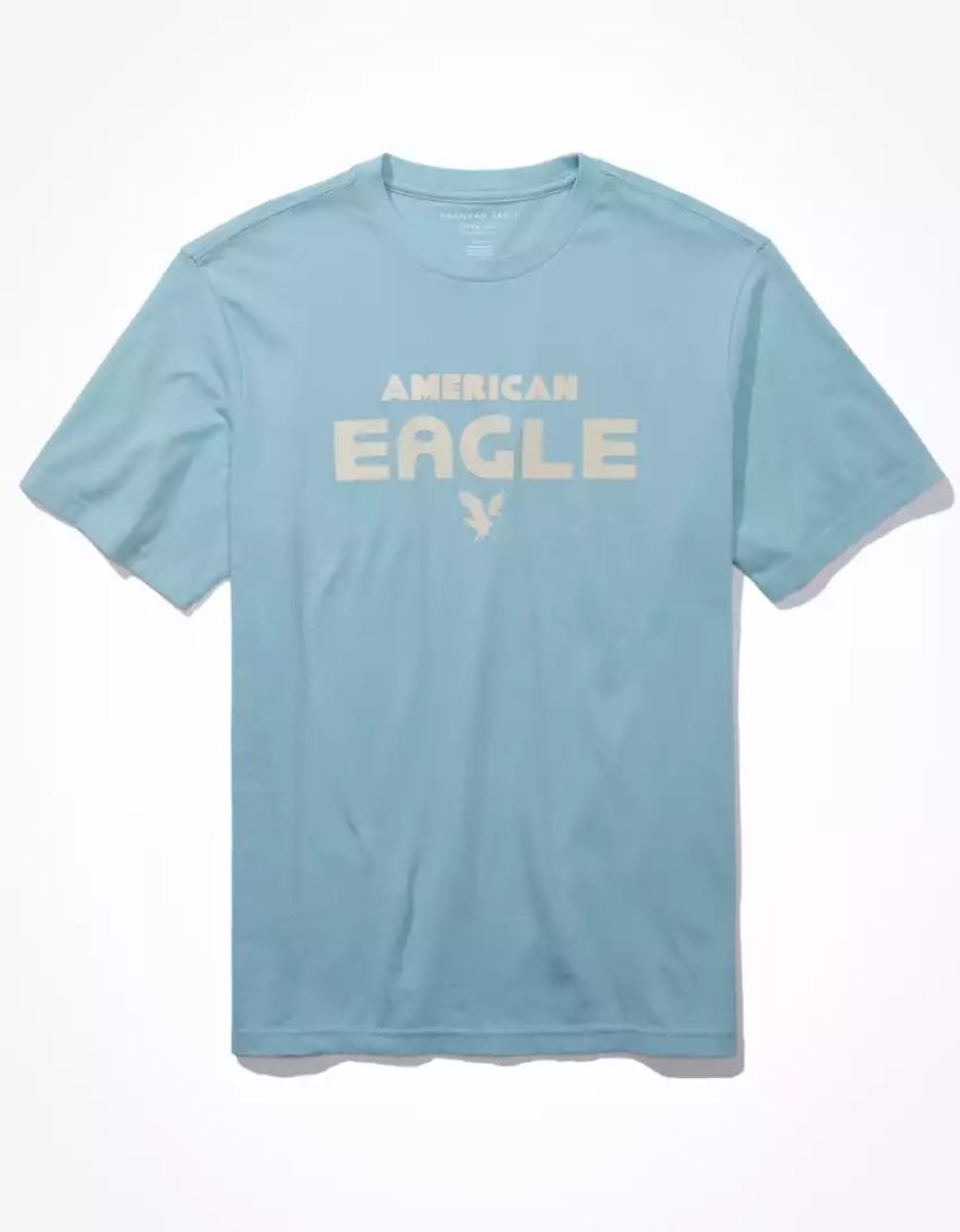 T Shirt Graphique American Eagle AE Super Soft Logo Bleu Clair Homme | DJK-66295661